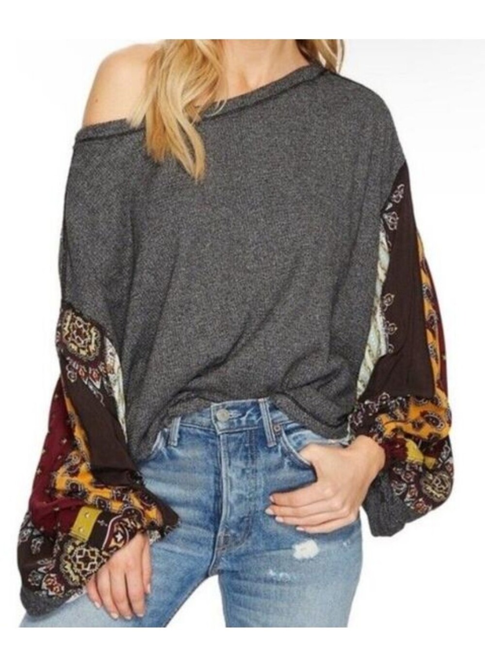 Free People Blossom Thermal Patchwork Crewneck with Balloon Sleeves Oversized